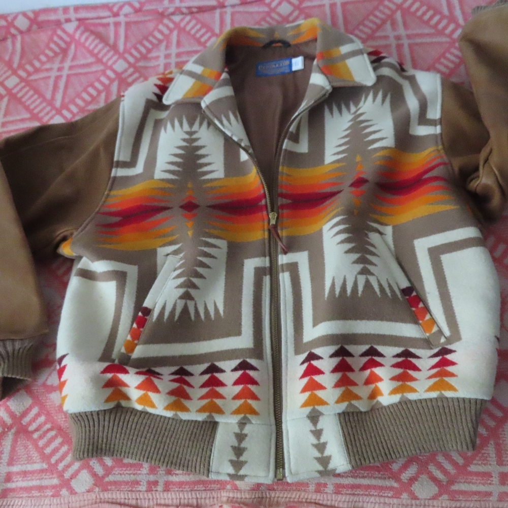 VTG RARE MADE IN USA PENDLETON WOOL WITH LEATHER SLEEVES FULL ZIPP JACKET SZ XL
